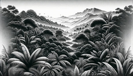 Tropical forest mural design file showing detailed black and white mountain landscape pattern