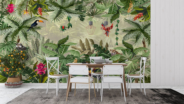 Tropical forest wallpaper with exotic birds creating a calm atmosphere in a modern living room