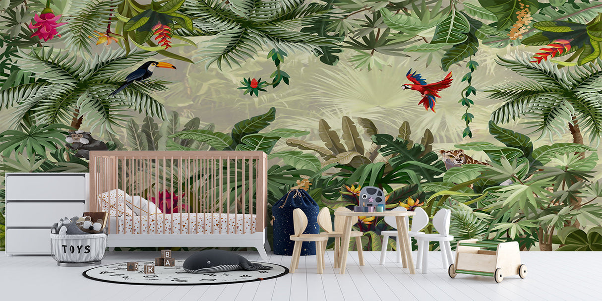 Tropical forest wallpaper adding depth to a bright hallway space