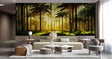 Tropical forest wallpaper creating a warm ambiance in a modern living room with golden sunset palms