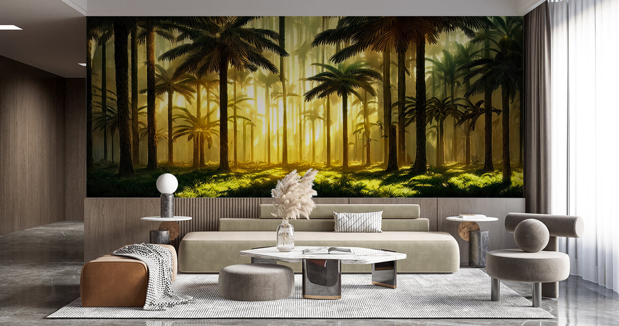Tropical forest wallpaper creating a warm ambiance in a modern living room with golden sunset palms
