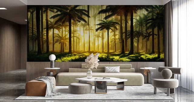 Tropical forest wallpaper creating a warm ambiance in a modern living room with golden sunset palms