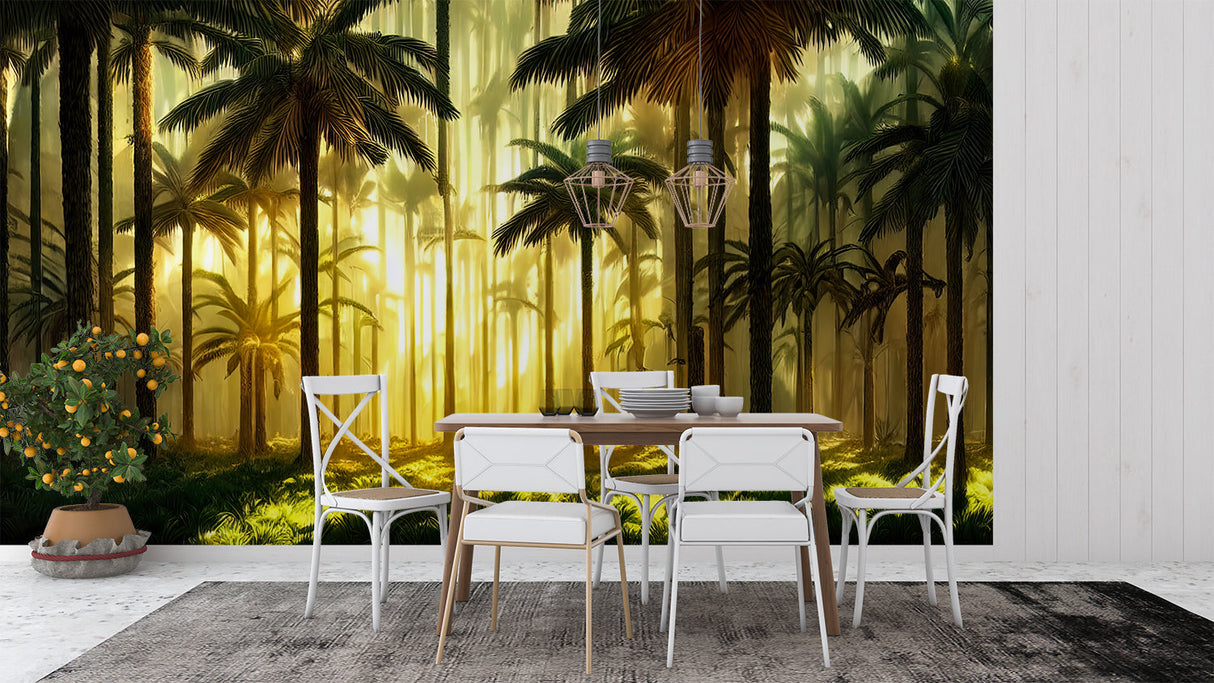 Palm tree wall mural brightening a cozy bedroom with soft golden light