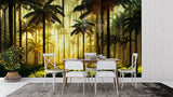 Palm tree wall mural brightening a cozy bedroom with soft golden light