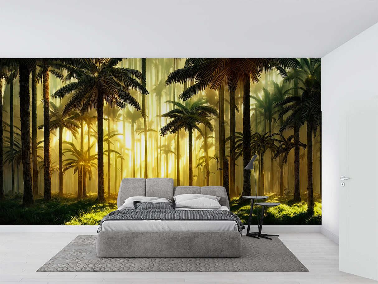 Sunset palm wallpaper adding depth to a dining room with tropical vibes