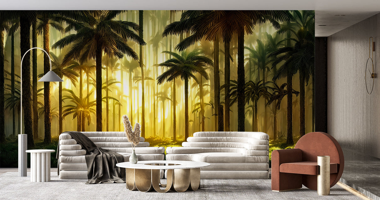 Golden palm tree mural making a statement in a home office space