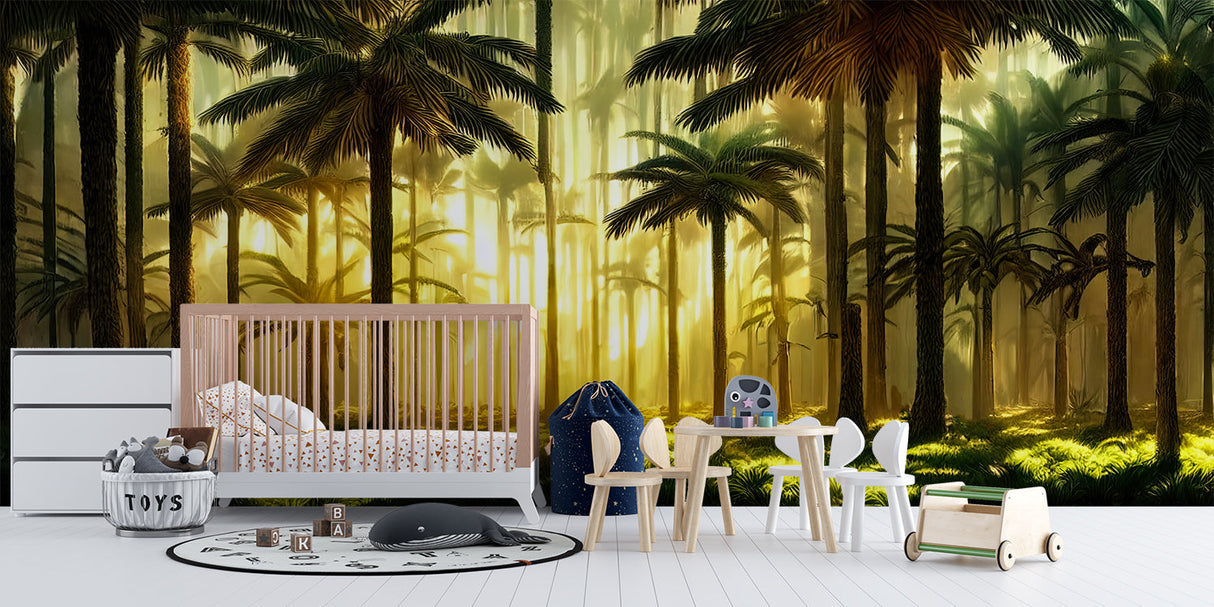 Design file showing detailed tropical forest pattern with golden sunset and palm silhouettes