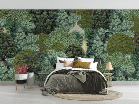 Tropical forest wallpaper creating a calm oasis in a modern living room with natural light and minimalist furniture