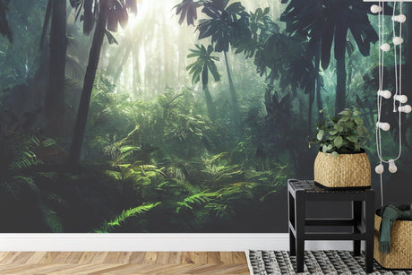 Tropical forest wallpaper creating depth in a modern living room, morning light filtering through leaves