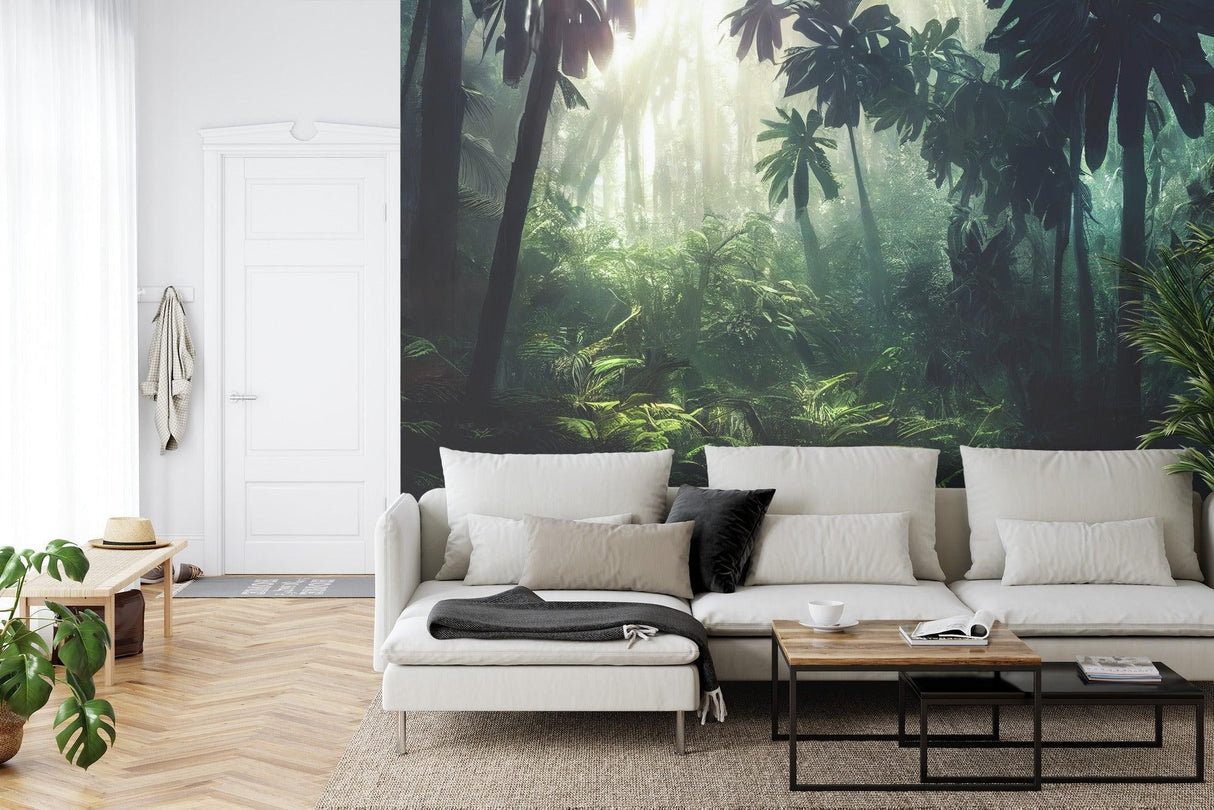 Jungle mural wallpaper in a bedroom, making the space feel connected to nature