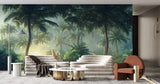 Misty palm paradise mural bringing depth to a minimal bedroom space
