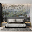 Tropical palm wallpaper creating a peaceful atmosphere in a modern living room with natural light