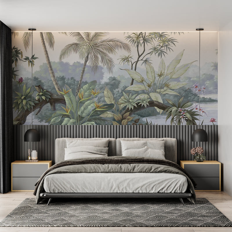 Tropical palm wallpaper creating a peaceful atmosphere in a modern living room with natural light