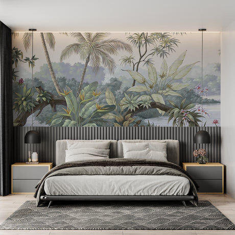 Tropical palm wallpaper creating a peaceful atmosphere in a modern living room with natural light