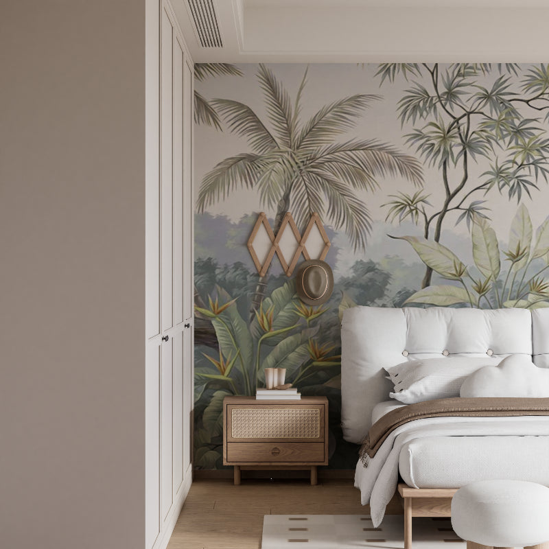 Palm paradise wallpaper transforming a dining room into a tropical retreat