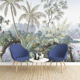 Misty tropical forest mural creating an elegant backdrop in a hotel lobby