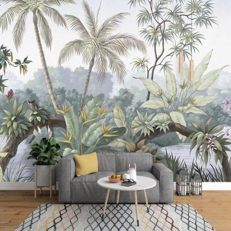 Tropical palm mural bringing nature indoors in a contemporary home office