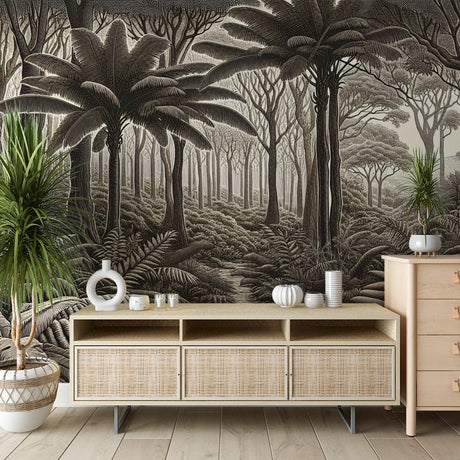 Tropical forest wallpaper in modern living room showing black and white jungle landscape design with dramatic palm trees