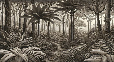 Monochrome tropical forest design file showing detailed jungle pattern with palm trees and ferns