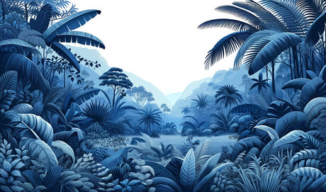 Blue jungle wallpaper design file showing detailed tropical foliage pattern and misty effects