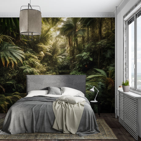 Tropical forest wallpaper bringing warmth to a modern living room with sunlit jungle scene