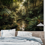 Tropical forest wall mural brightening a home office with golden jungle rays