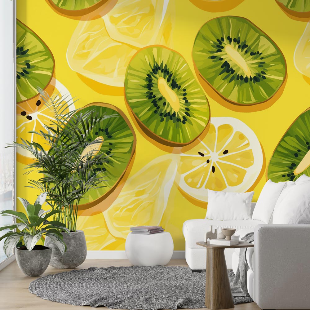 Tropical fruit wallpaper bringing fresh energy to a modern white kitchen, featuring vibrant kiwi and lemon pattern