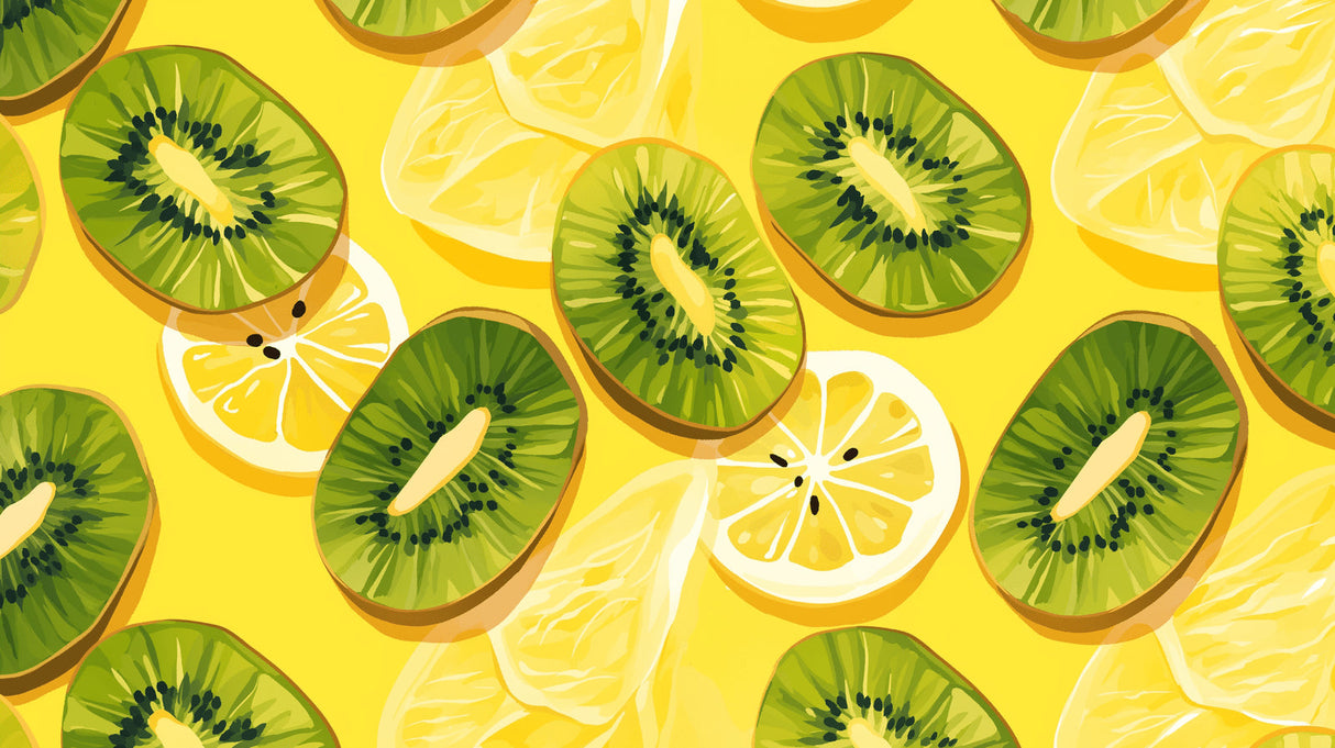 Kiwi and lemon pattern design file showing detailed fruit slices on yellow background