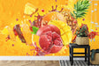 Tropical fruit wallpaper bringing fresh energy to a modern white kitchen, with sunlight highlighting the vibrant orange and red tones