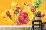 Tropical fruit wallpaper bringing fresh energy to a modern white kitchen, with sunlight highlighting the vibrant orange and red tones