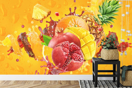 Tropical fruit wallpaper bringing fresh energy to a modern white kitchen, with sunlight highlighting the vibrant orange and red tones