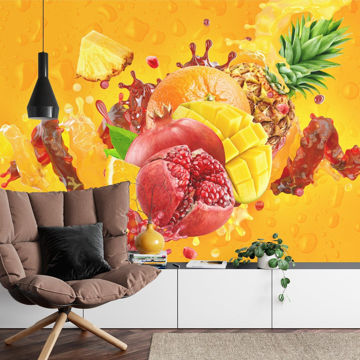 Fruit splash mural creating a bold statement wall in a sunny dining room space with contemporary furniture