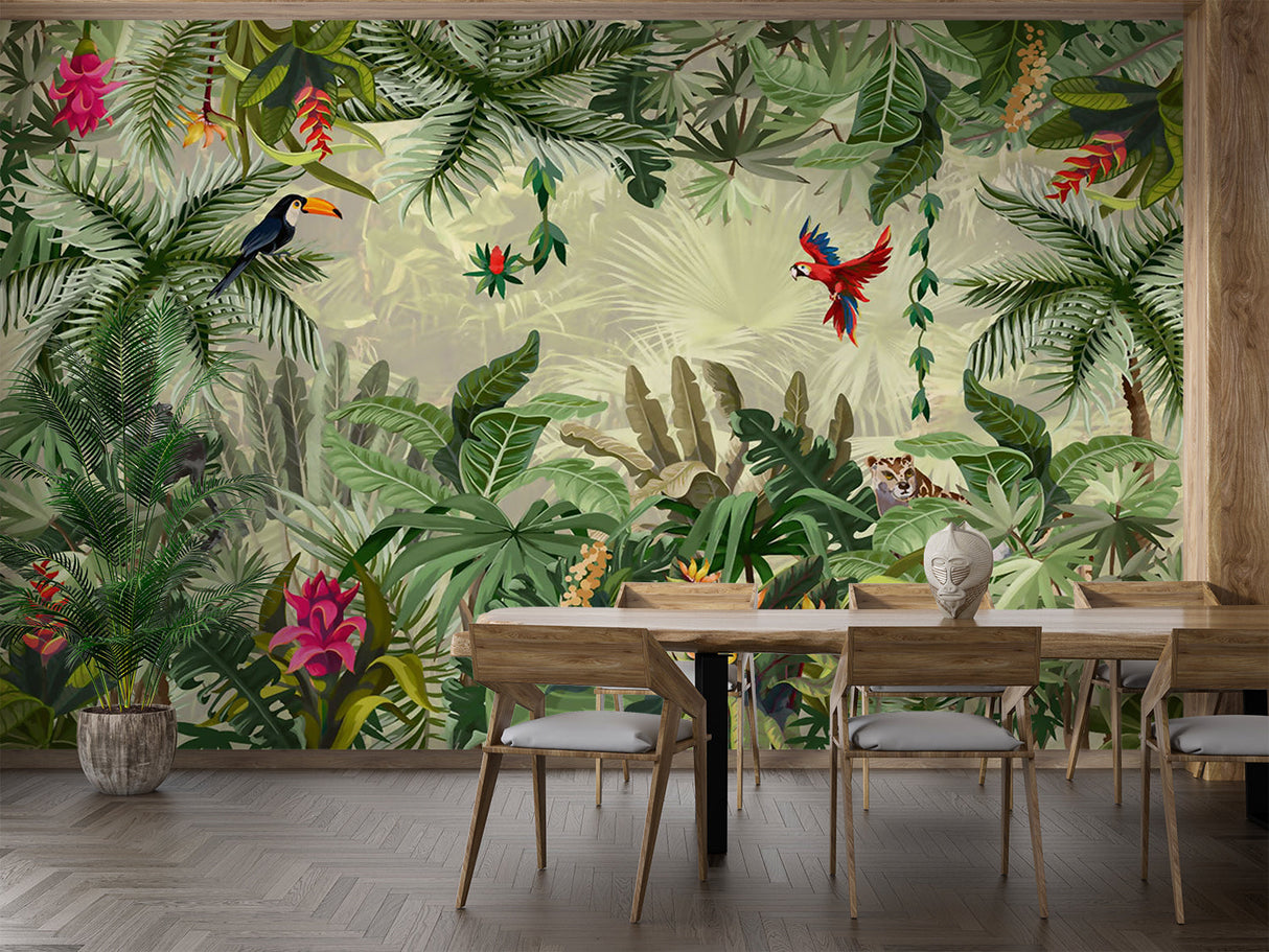 Birds and flowers wallpaper in children's playroom, educational nature theme