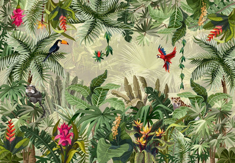 Tropical jungle wallpaper design file showing detailed birds and exotic flowers pattern
