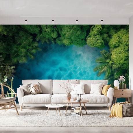 Tropical lagoon wallpaper creating a stunning focal point in a modern living room with white furniture and natural light
