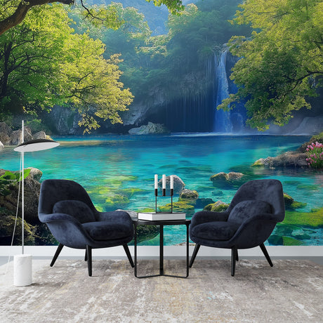 Tropical lagoon waterfall mural creating a peaceful atmosphere in a modern living room with natural light