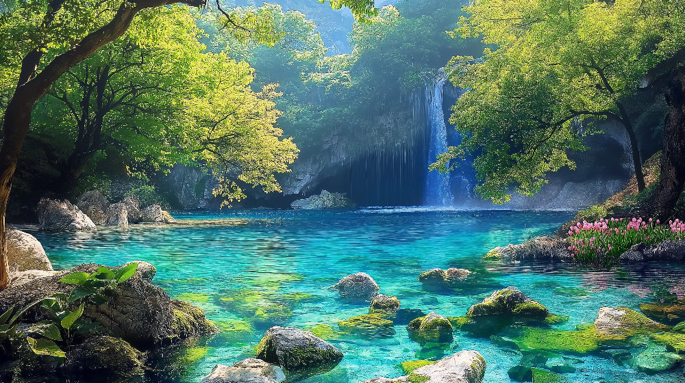Tropical lagoon waterfall design file showing detailed turquoise waters and lush vegetation pattern