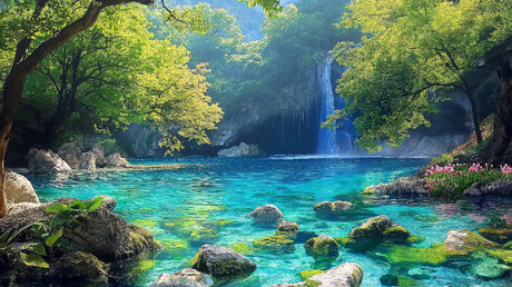 Tropical lagoon waterfall design file showing detailed turquoise waters and lush vegetation pattern