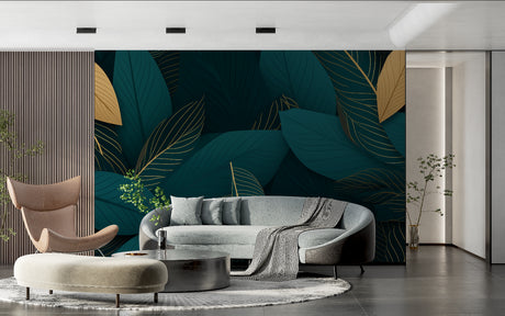 Tropical leaf wallpaper with gold accents in modern living room setting