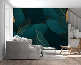 Emerald green and gold tropical mural in master bedroom