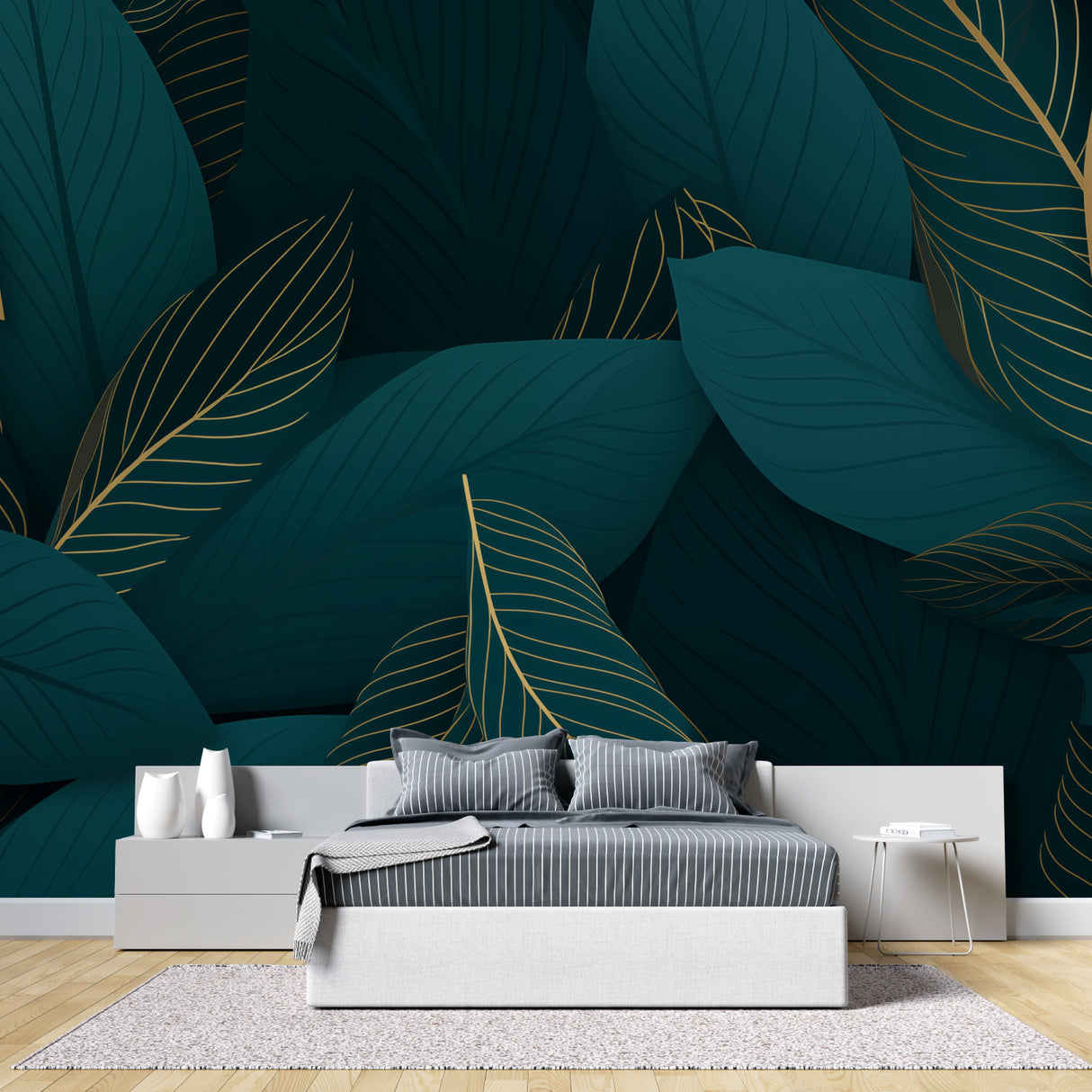 Green and gold botanical wallpaper in home office setup