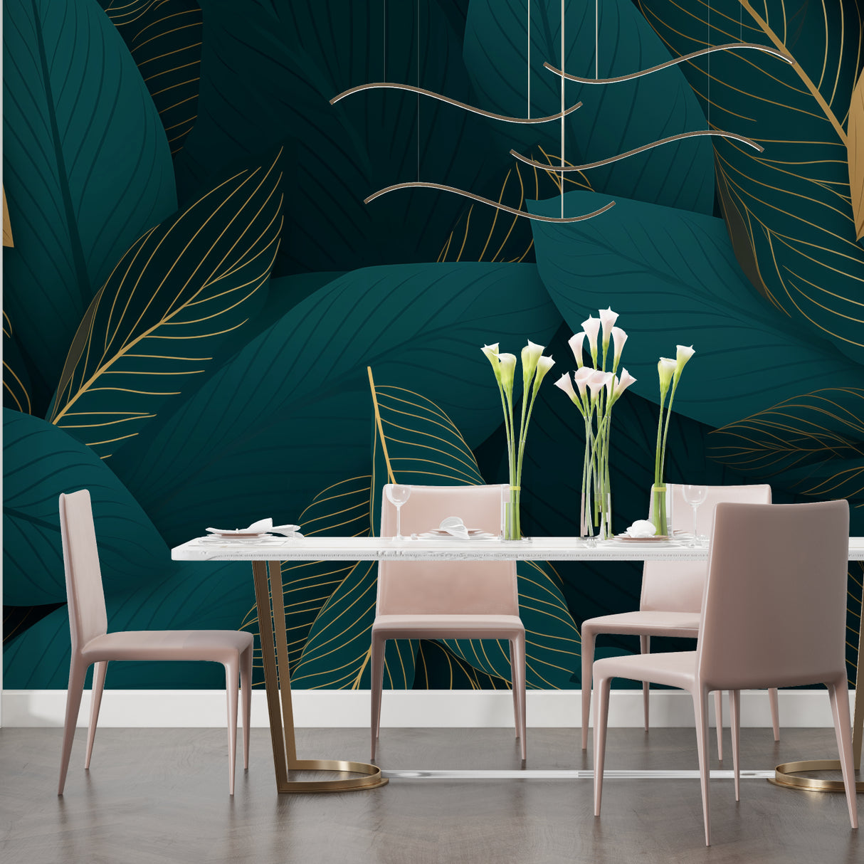 Emerald leaf mural with gold details in hotel lobby