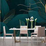 Emerald leaf mural with gold details in hotel lobby