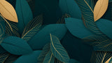 Tropical leaf wallpaper design file showing emerald green leaves with gold veining pattern