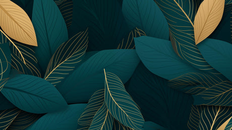 Tropical leaf wallpaper design file showing emerald green leaves with gold veining pattern