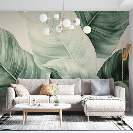 Tropical leaf wallpaper bringing fresh style to a modern living room with large banana leaves pattern
