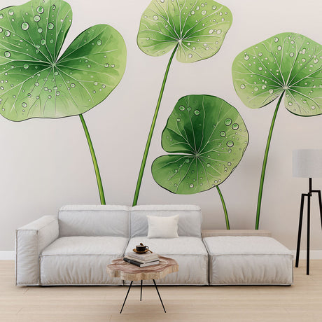 Tropical leaf wallpaper with morning dew creates a fresh atmosphere in a modern minimalist living room