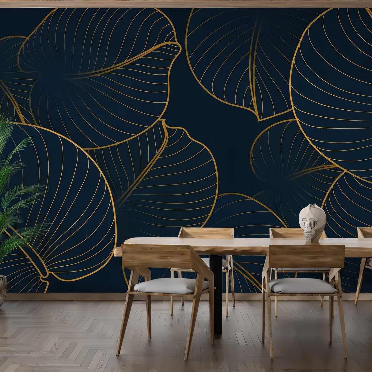 Tropical leaf wallpaper in navy and gold creating drama in a modern living room