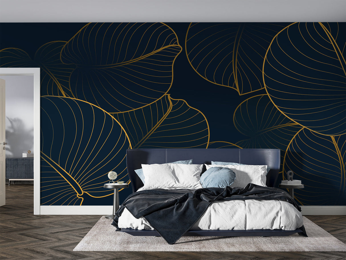 Art deco leaf pattern adding luxury to a master bedroom with gold accents