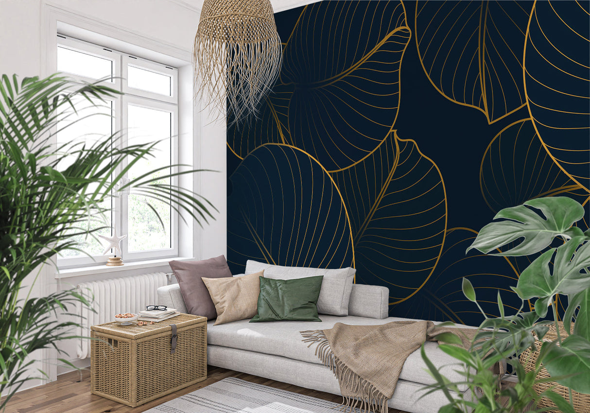 Navy blue and gold tropical wallpaper making a statement in dining room